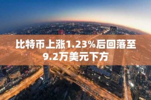 比特币上涨1.23%后回落至9.2万美元下方